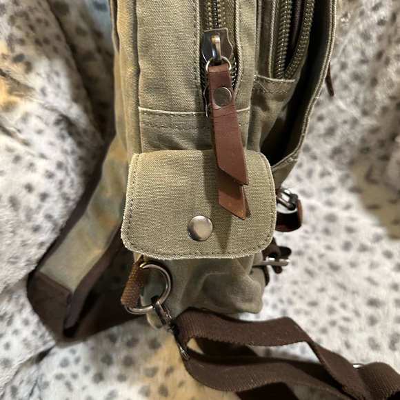 Tan and Brown Canvas Backpack with Leather Accents - Picture 4 of 7